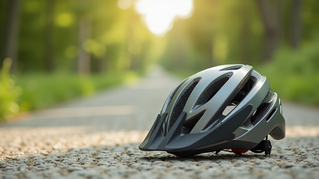 Close-up of bicycle helmet and safety lights mounted on touring bike handlebars in natural outdoor light
