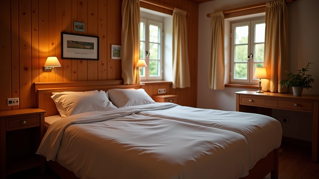 Comfortable guesthouse room with bed and window overlooking rural landscape