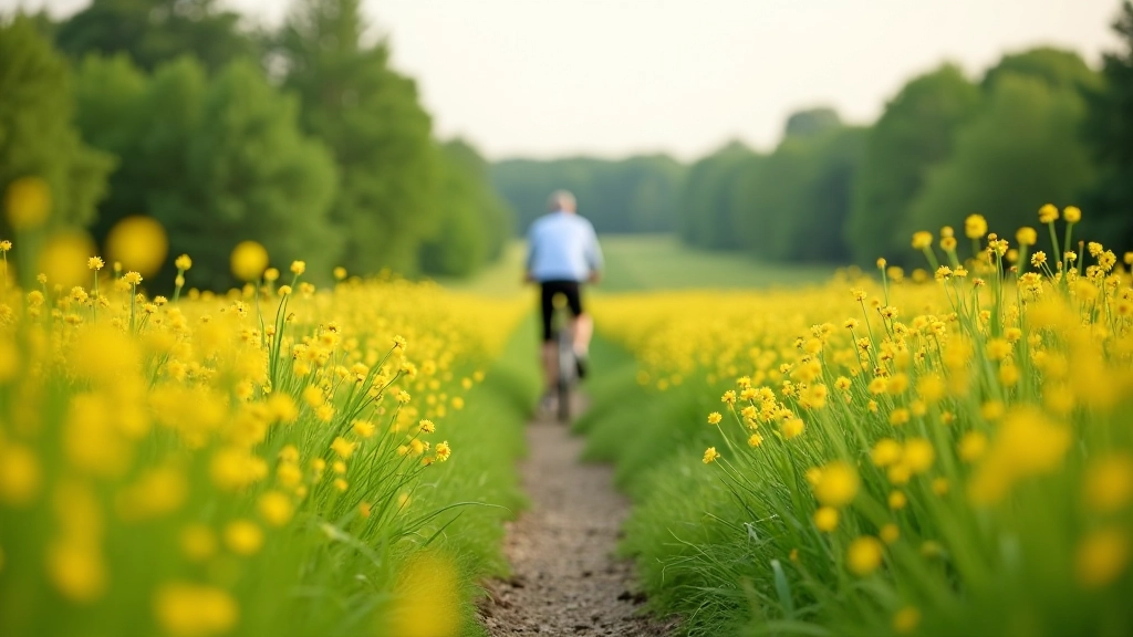 Cycling path lined with flowering wildflowers and green vegetation during late spring