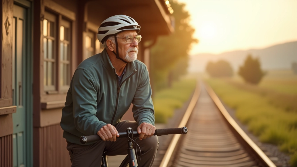 Cyclist resting at a heritage station platform with restored railway building visible
