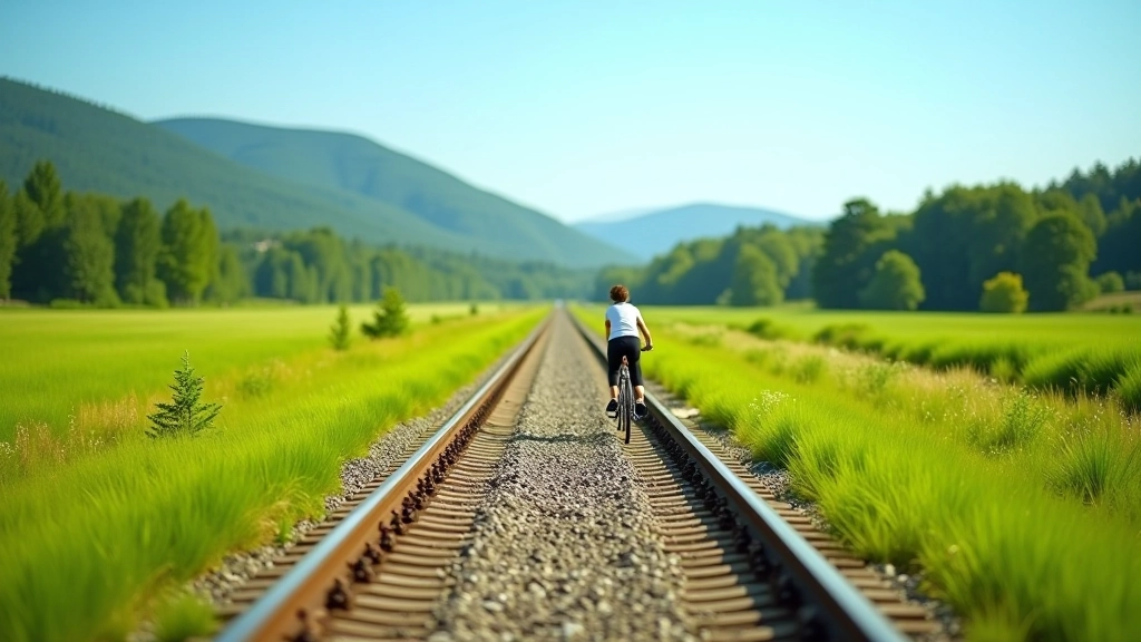 Cycling path along preserved railway tracks with green meadows and distant forest hills