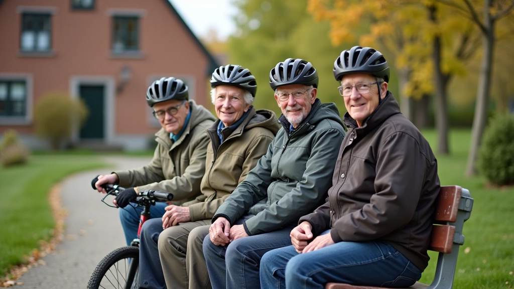 Group of four cyclists in their 60s taking rest break on bench beside heritage railway path with old station building visible
