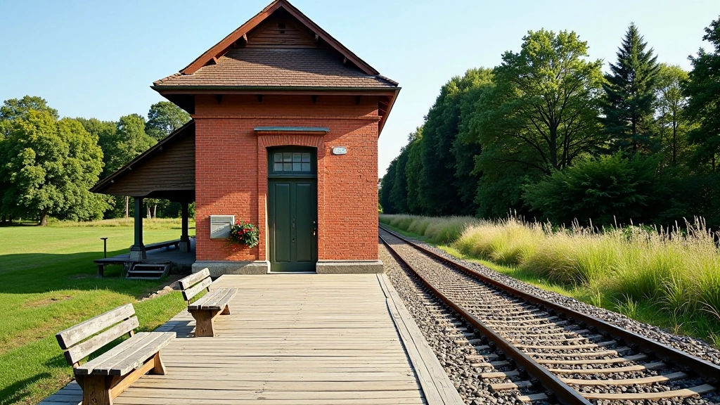 Restored heritage railway station building with red brick facade, wooden platform, and traditional architecture from early 1900s