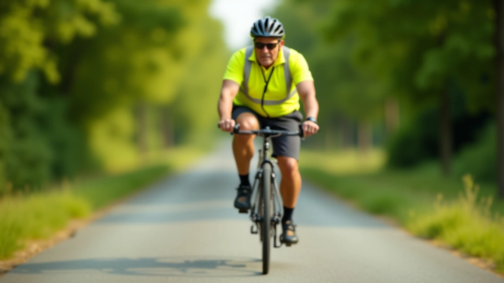 Older adult cyclist wearing bright safety vest riding on smooth paved path with trees on both sides