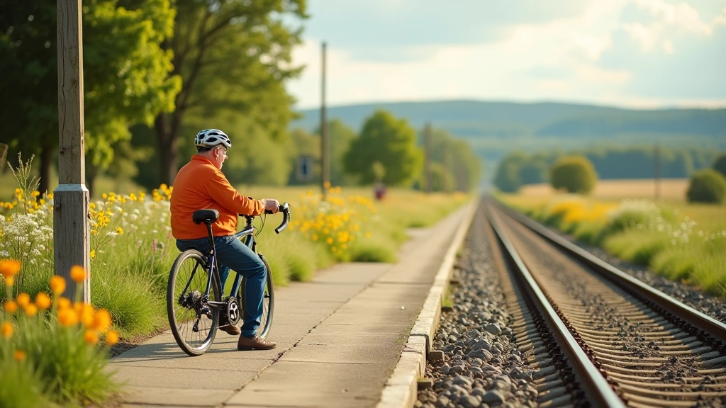 Cyclist resting on a bench at a heritage railway station platform with wildflowers and landscape views