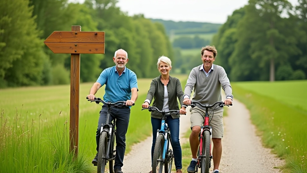 Three cyclists standing together with their bicycles on cycling path, smiling and preparing for multi-day adventure