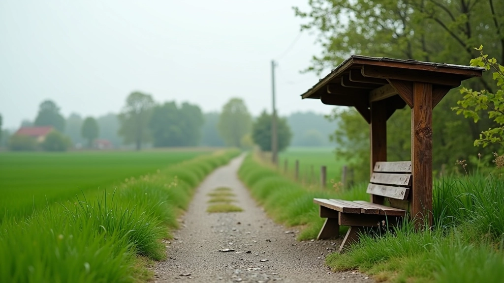 Small village bench and shelter along the cycling path with surrounding fields